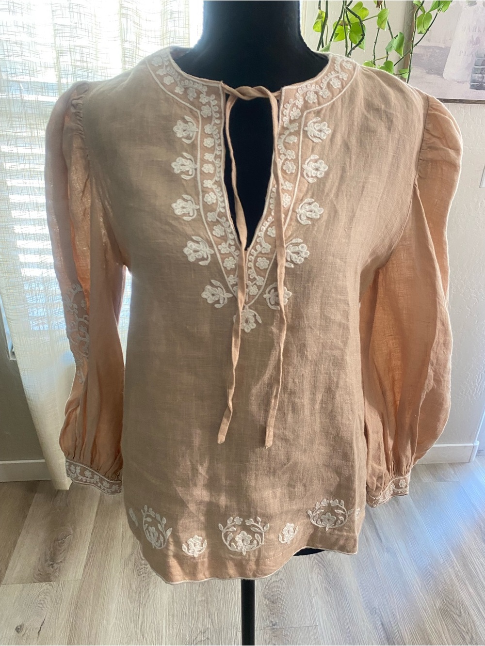 Malie Beige Linen Embroidered Tie-Neck Puff Long Sleeve Blouse EU 38